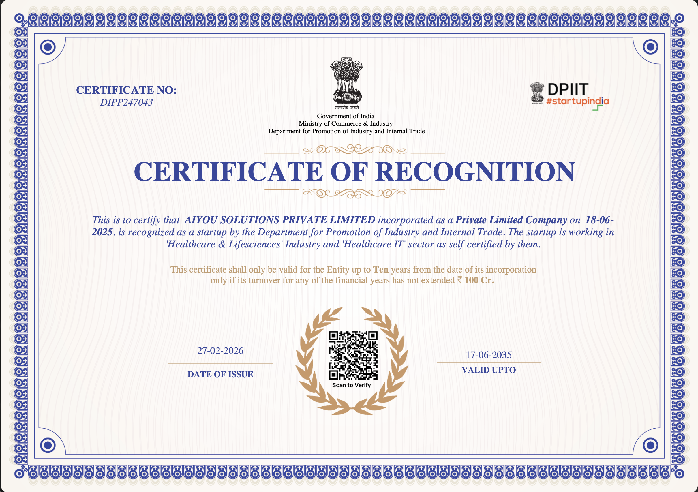 DPIIT Certificate of Recognition – AIYOU Solutions