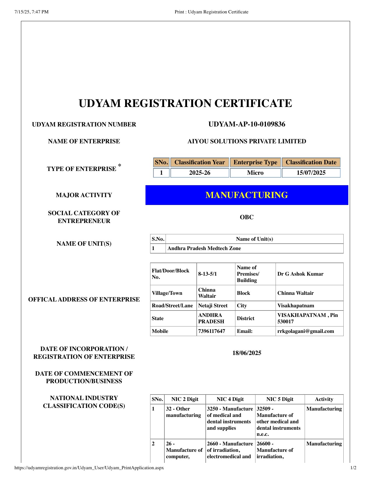 Udyam MSME Registration Certificate – AIYOU Solutions